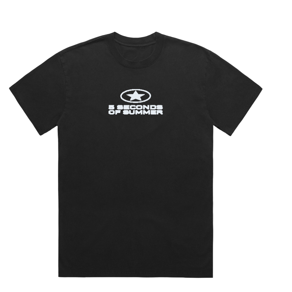 A black short-sleeve crewneck t-shirt featuring a white printed graphic on the chest with a star inside an oval and the text '5 SECONDS OF SUMMER'.