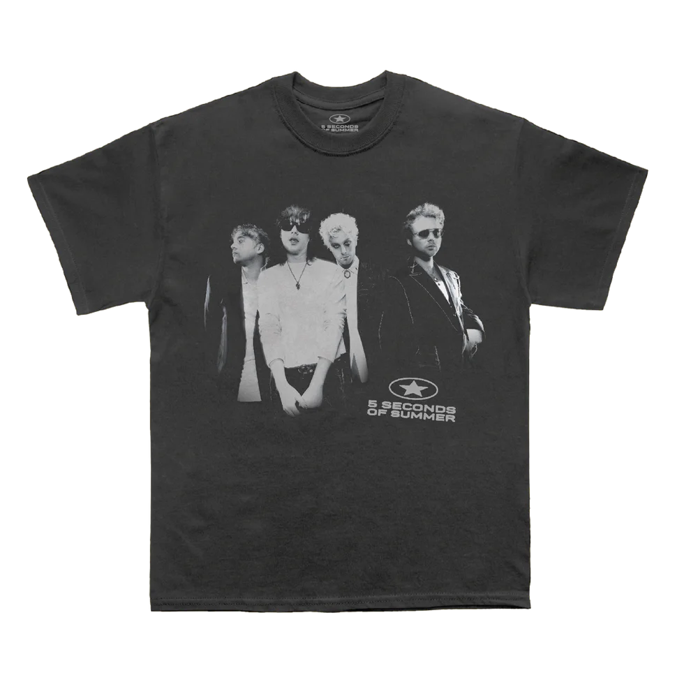 Black t-shirt with a graphic of four band members and '5 Seconds of Summer' logo on a white background