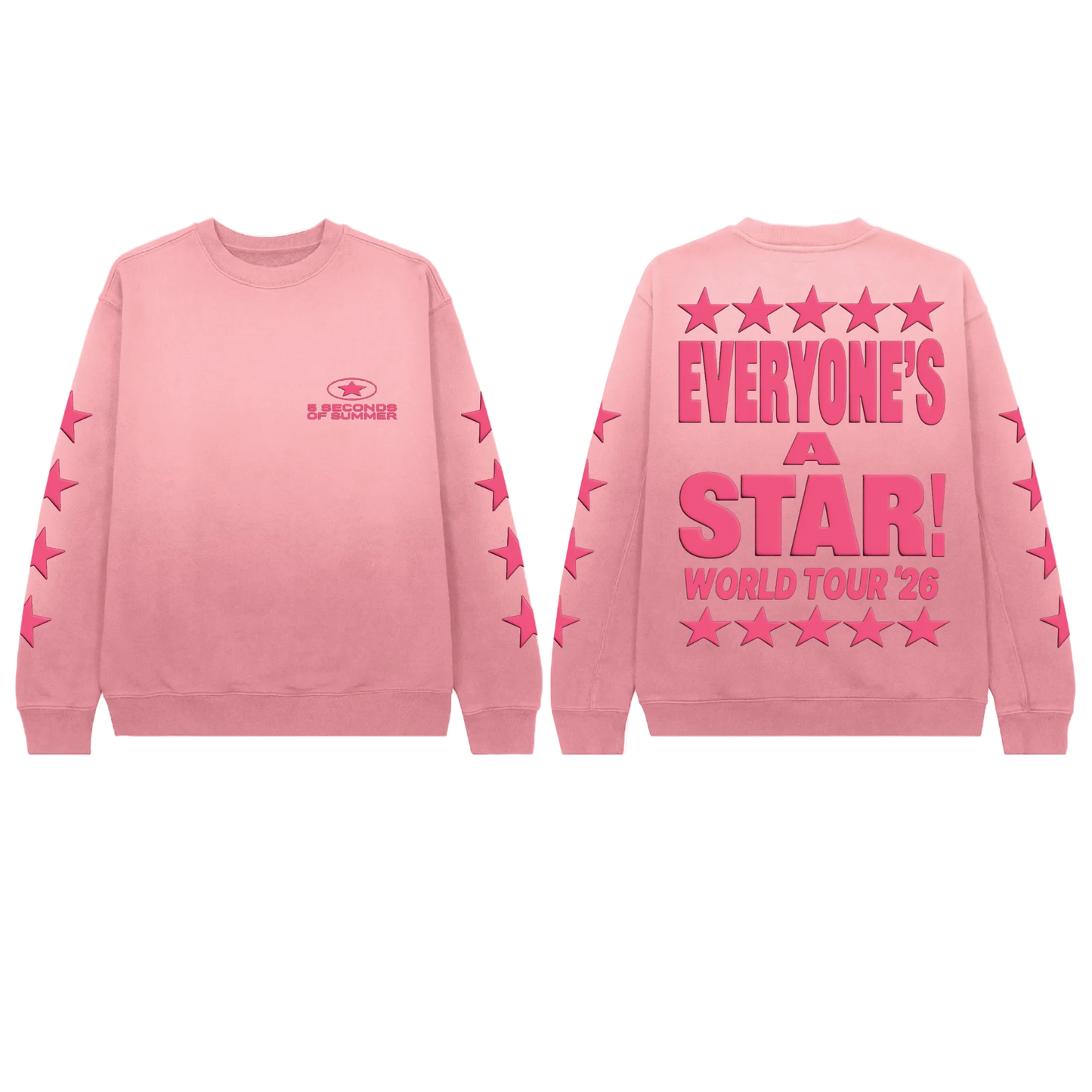 Pink sweatshirt with 'Everyone's a Star! World Tour 26' text and star designs on a white background