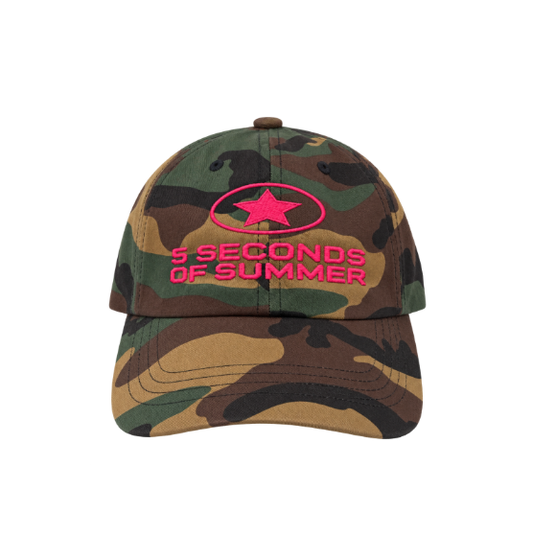 A camouflage baseball cap featuring a bright pink embroidered star logo and the text '5 SECONDS OF SUMMER' on the front, set against a plain white background.