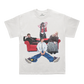 White t-shirt with graphic of four people on a red couch