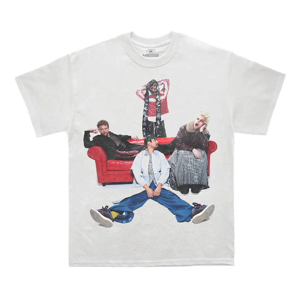 White t-shirt with graphic of four people on a red couch