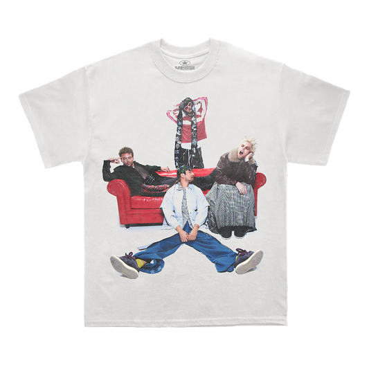 White t-shirt with graphic of four people on a red couch