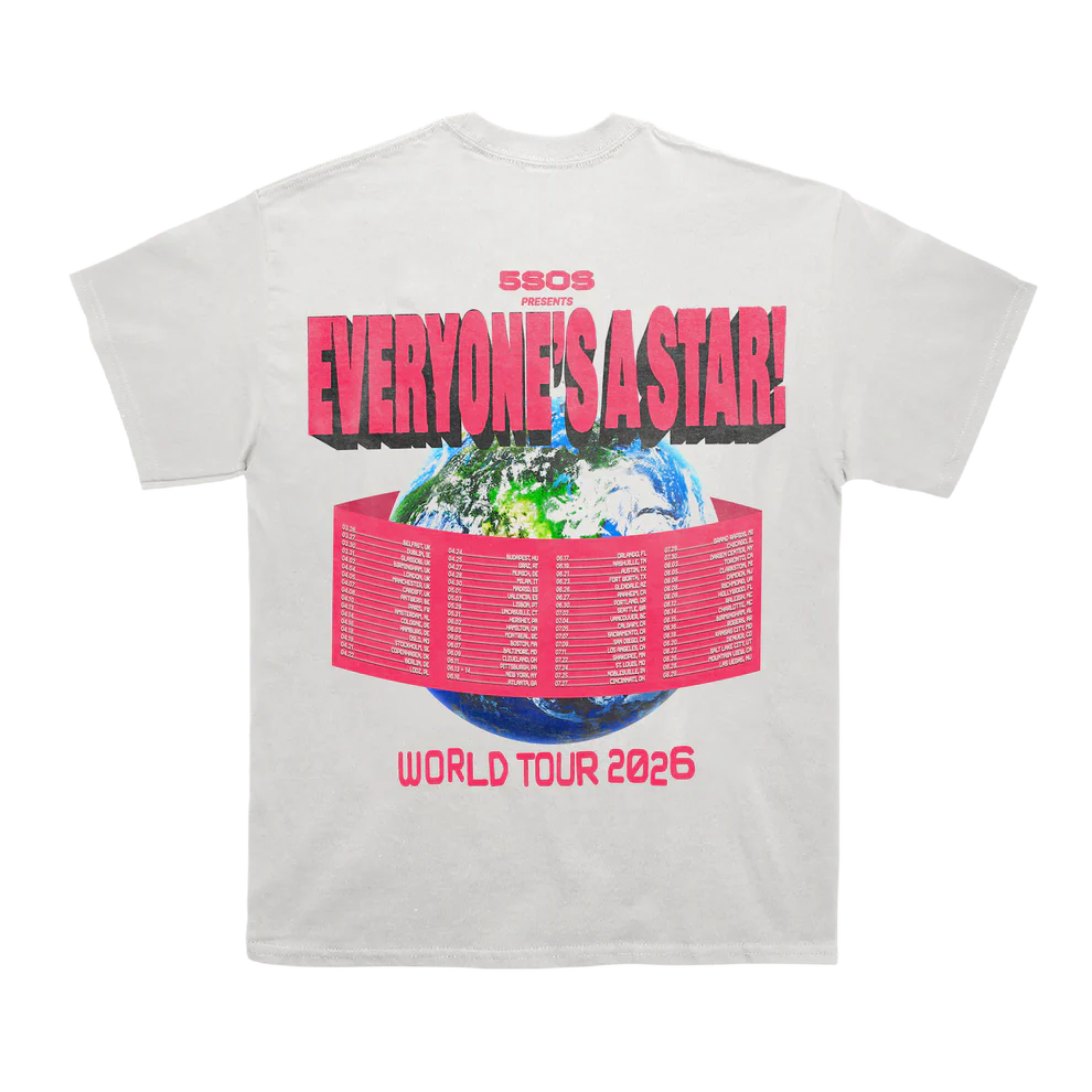 White t-shirt with 'EVERYONE'S A STAR!' text and world map design on a white background