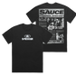 Two black short-sleeve T-shirts shown on a white background, with the front shirt displaying a white 'Seconds of Summer' logo and the back shirt showing a large black-and-white 'The Sauce' 550$ boyband tour graphic.