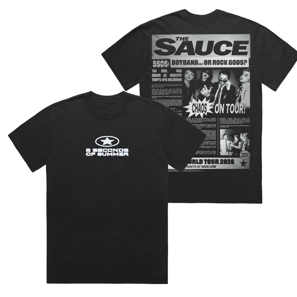 Two black short-sleeve T-shirts shown on a white background, with the front shirt displaying a white 'Seconds of Summer' logo and the back shirt showing a large black-and-white 'The Sauce' 550$ boyband tour graphic.