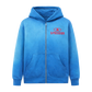 Blue hoodie with a red logo on a white background