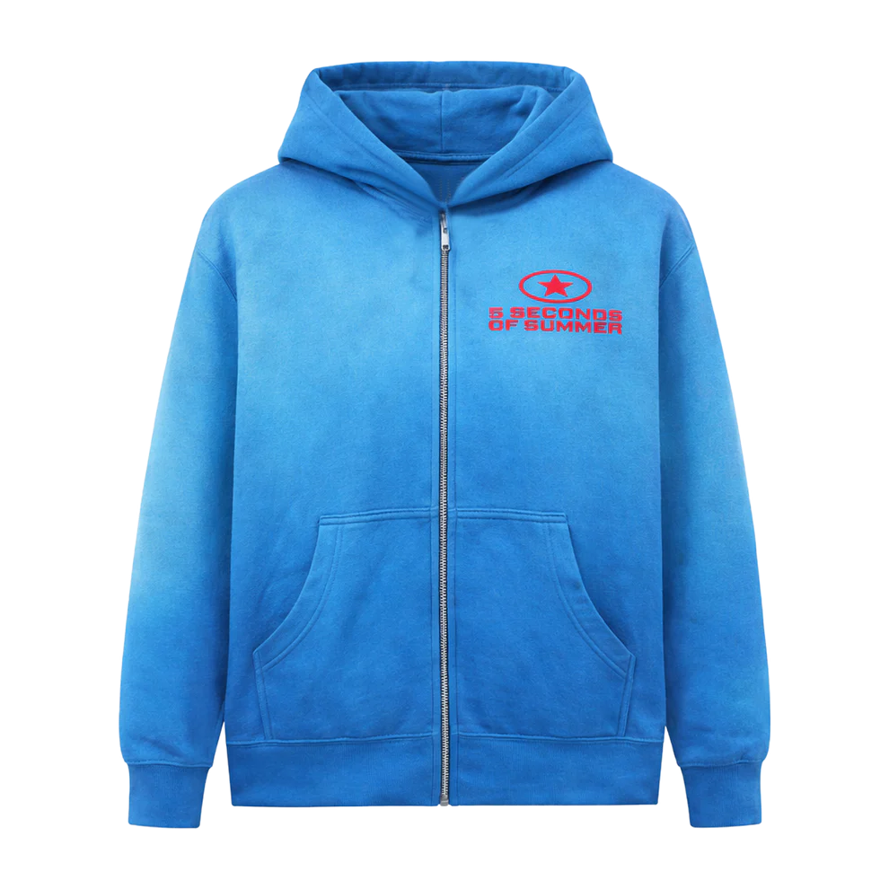 Blue hoodie with a red logo on a white background
