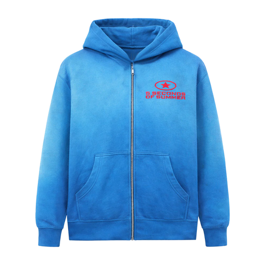 Blue hoodie with a red logo on a white background