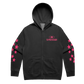 A charcoal black zip-up hoodie with a gray inner hood lining, featuring a pink '5 SECONDS OF SUMMER' and a pink star logo on the left chest and a line of pink stars running down both sleeves.