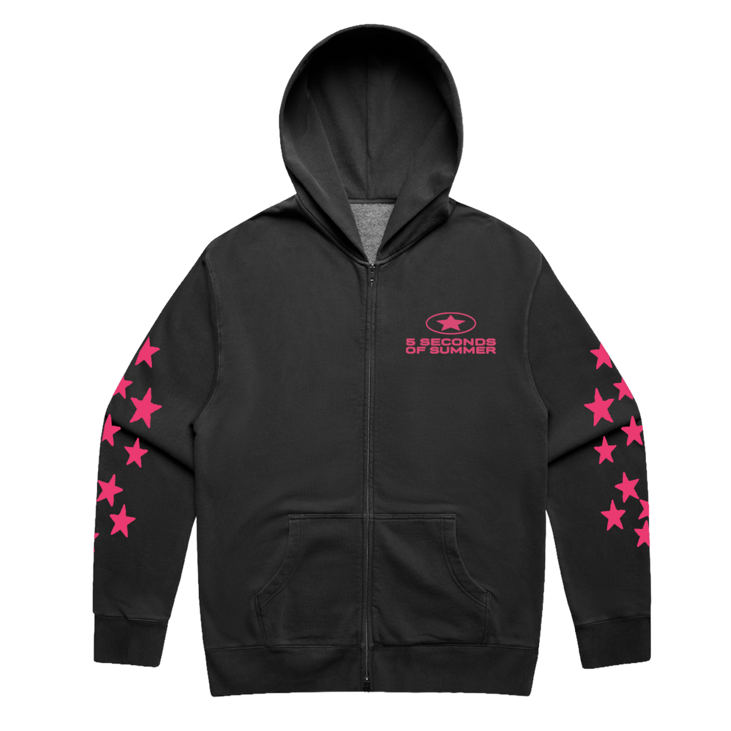 A charcoal black zip-up hoodie with a gray inner hood lining, featuring a pink '5 SECONDS OF SUMMER' and a pink star logo on the left chest and a line of pink stars running down both sleeves.