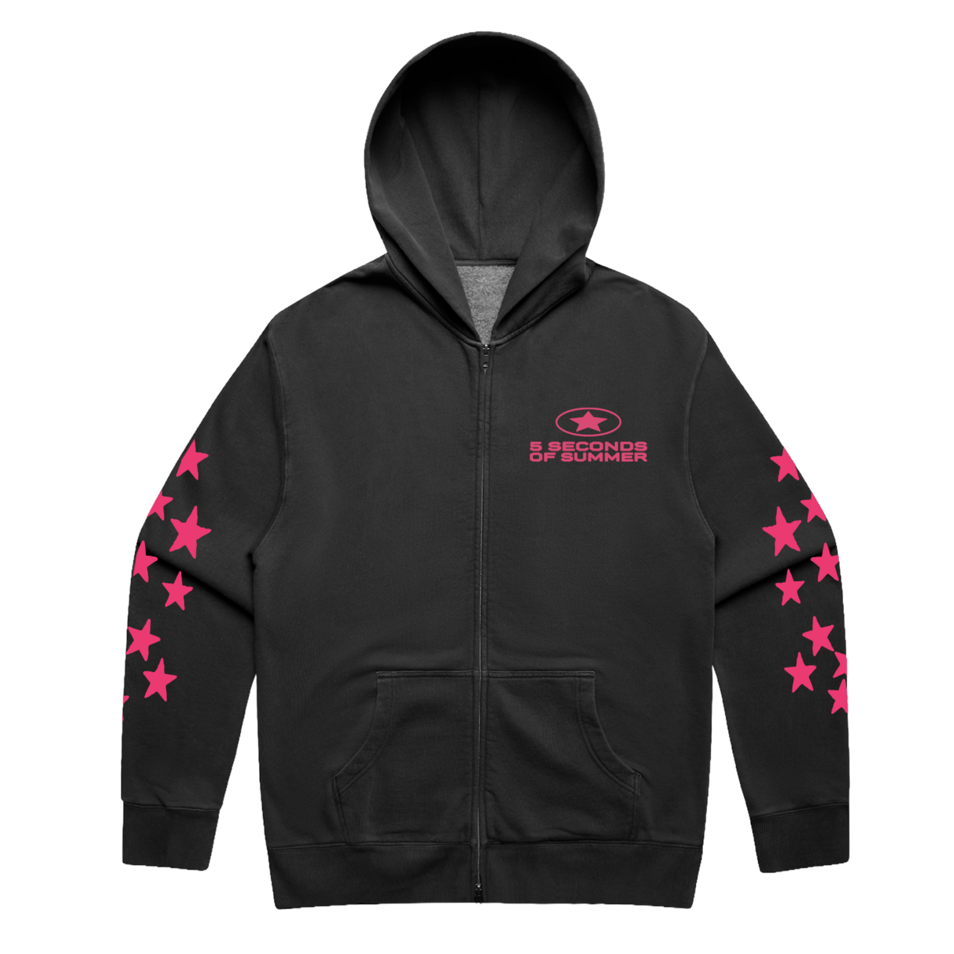 A charcoal black zip-up hoodie with a gray inner hood lining, featuring a pink '5 SECONDS OF SUMMER' and a pink star logo on the left chest and a line of pink stars running down both sleeves.