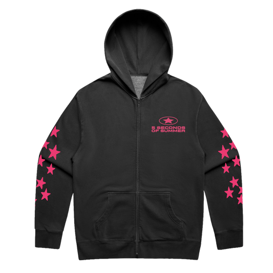 A charcoal black zip-up hoodie with a gray inner hood lining, featuring a pink '5 SECONDS OF SUMMER' and a pink star logo on the left chest and a line of pink stars running down both sleeves.