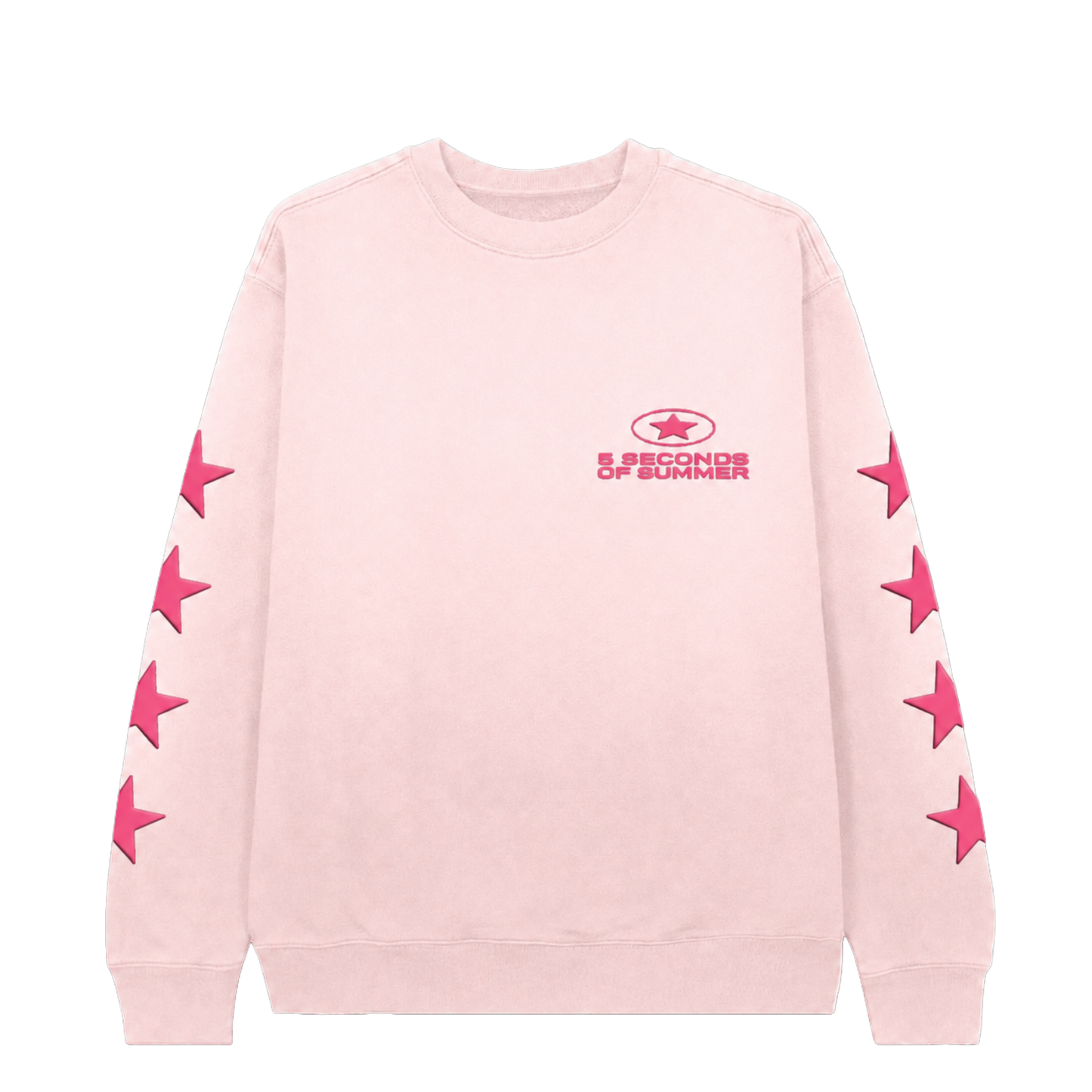 Five Seconds of Summer Pink Crewneck with stars on the sleeves.