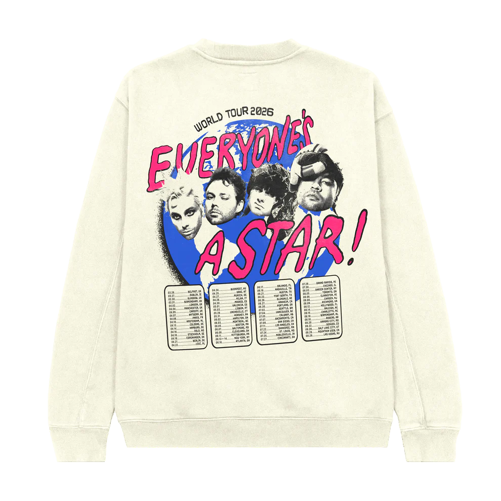Sweatshirt with graphic design and text on a white background