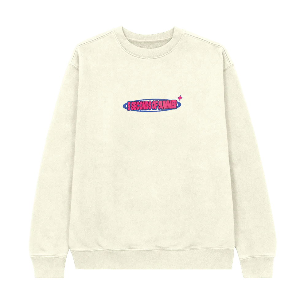 Natural crewneck sweatshirt with a logo on the chest against a white background