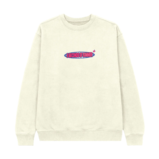 Natural crewneck sweatshirt with a logo on the chest against a white background