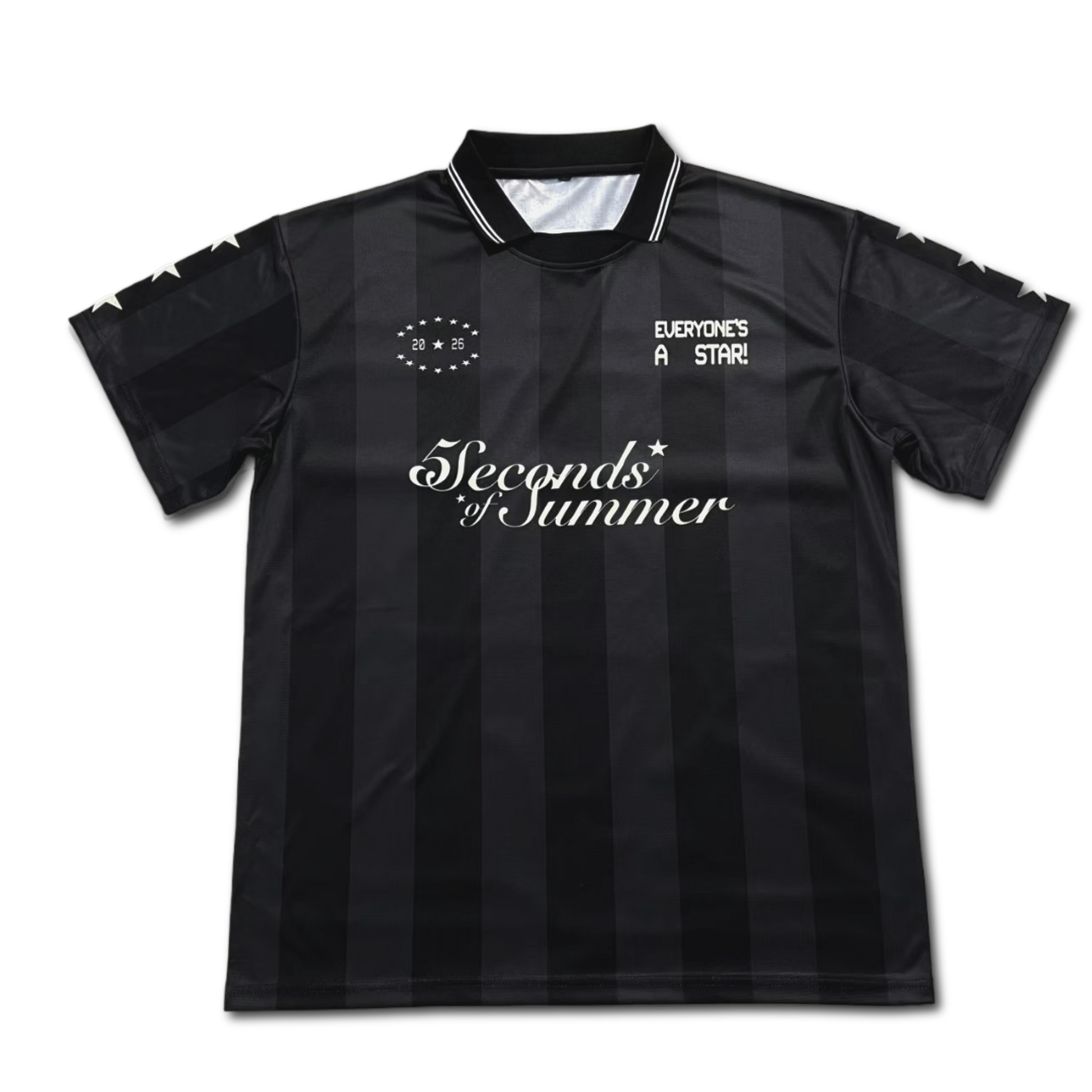 A black and dark gray vertically striped short-sleeve soccer jersey with white text reading 'Everyone's A STAR' and '5 Seconds of Summer' on the front, displayed against a plain white background.