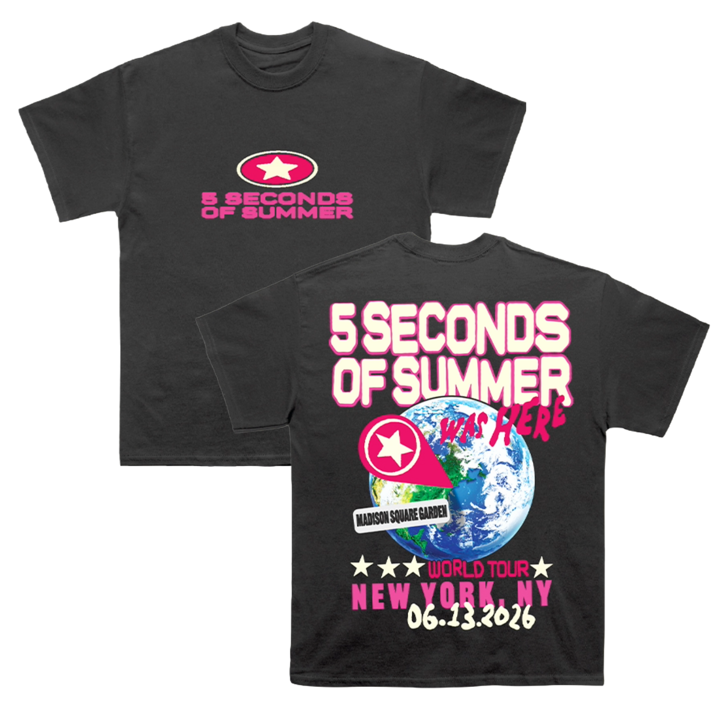 Black t-shirt with '5 Seconds of Summer' branding and concert details on a white background