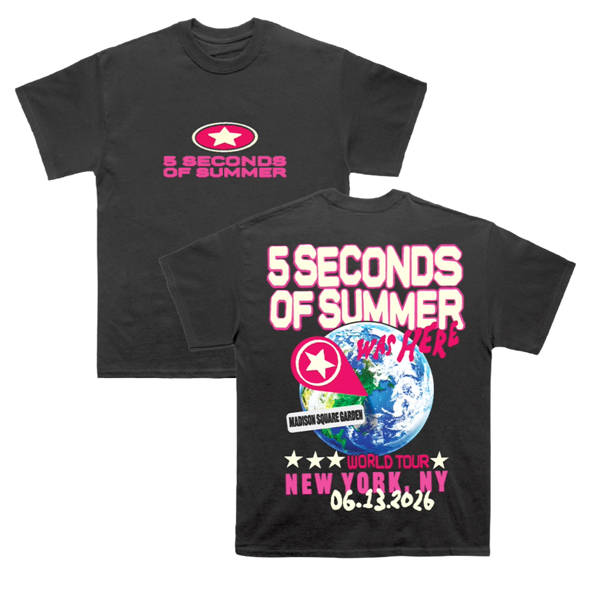 Black t-shirt with '5 Seconds of Summer' branding and concert details on a white background