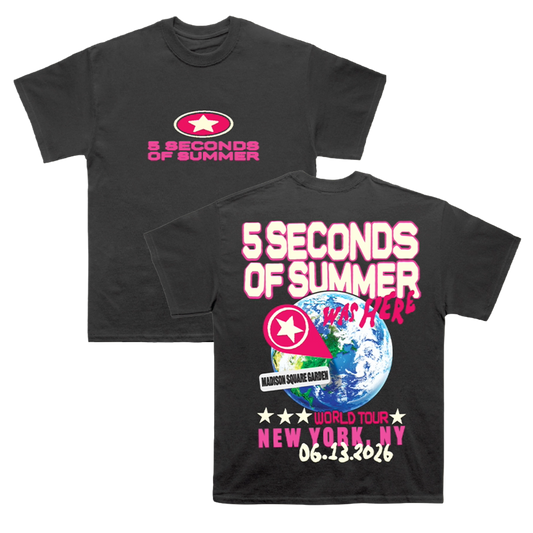 Black t-shirt with '5 Seconds of Summer' branding and concert details on a white background