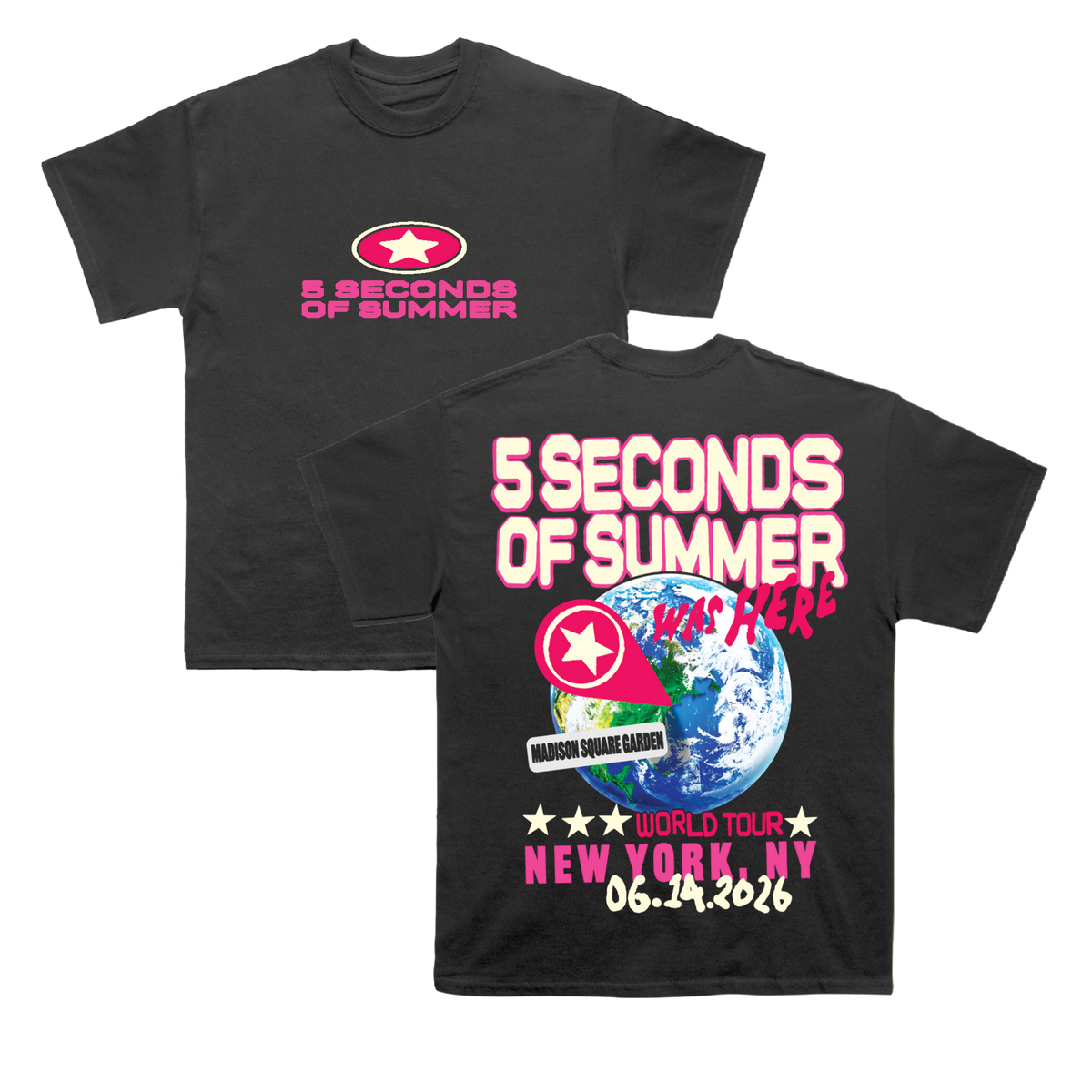 Black t-shirt with '5 Seconds of Summer' branding and world map design on a white background