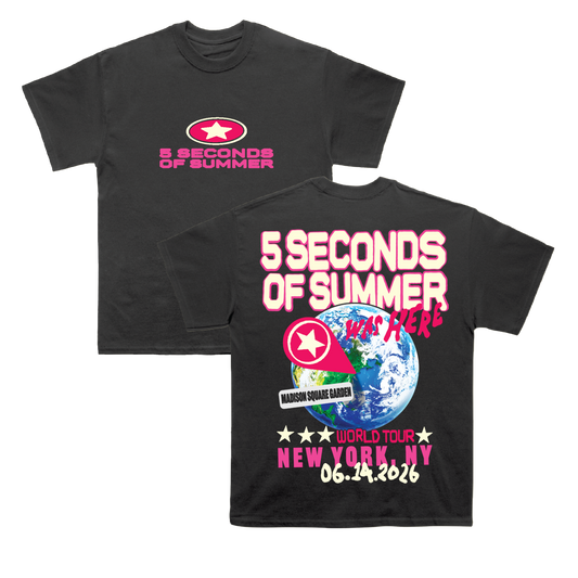 Black t-shirt with '5 Seconds of Summer' branding and world map design on a white background