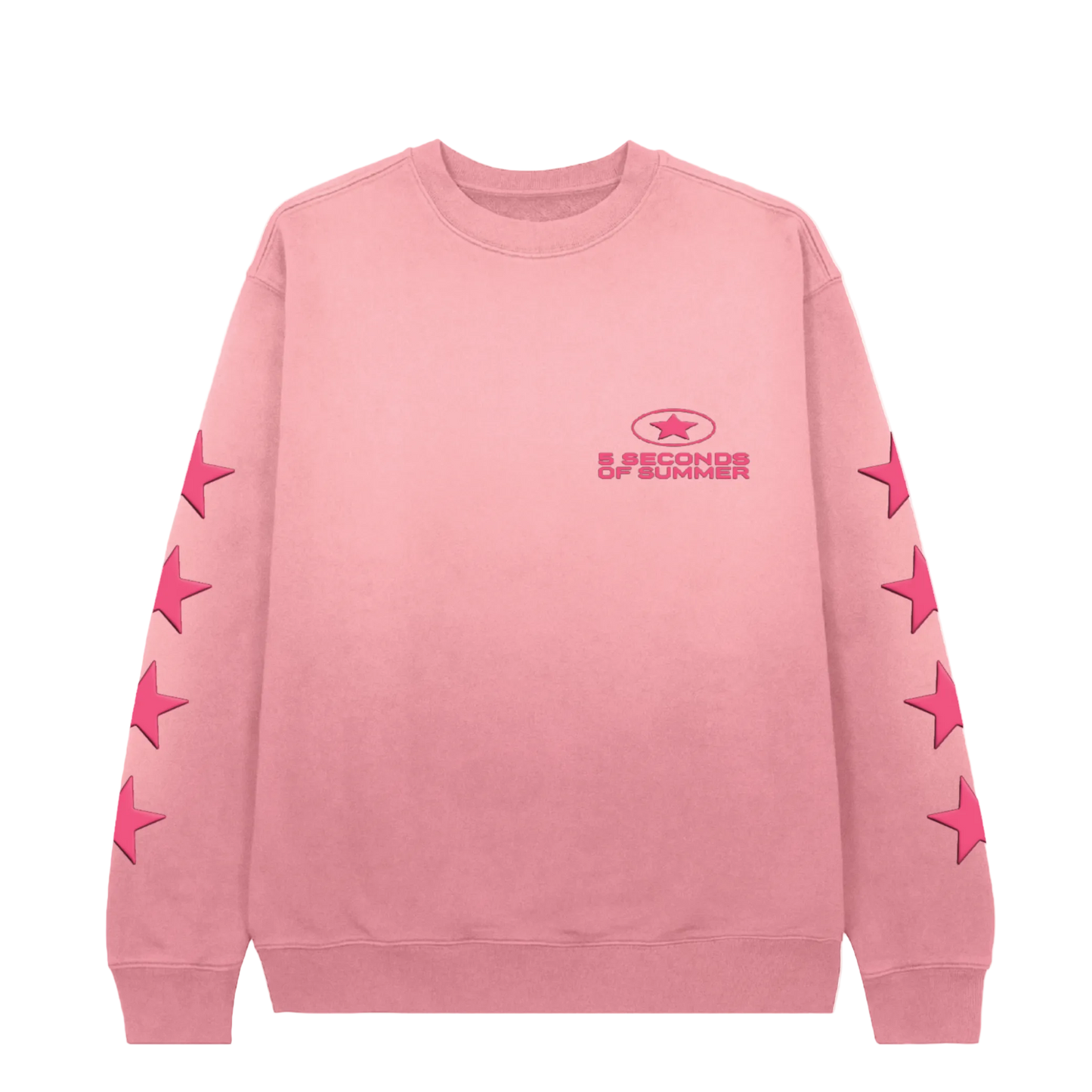 Pink sweatshirt with star designs on sleeves and logo on chest against a white background