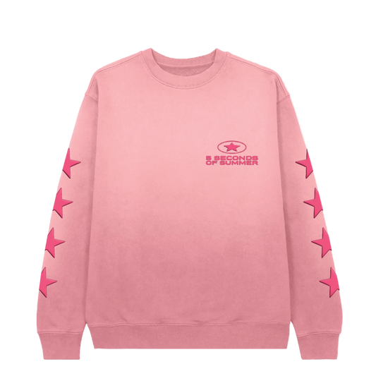 Pink sweatshirt with star designs on sleeves and logo on chest against a white background