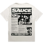 A white short-sleeve t-shirt shown from the back, featuring a large black-and-white graphic print of 'The Sauce' 55$ band tour poster.