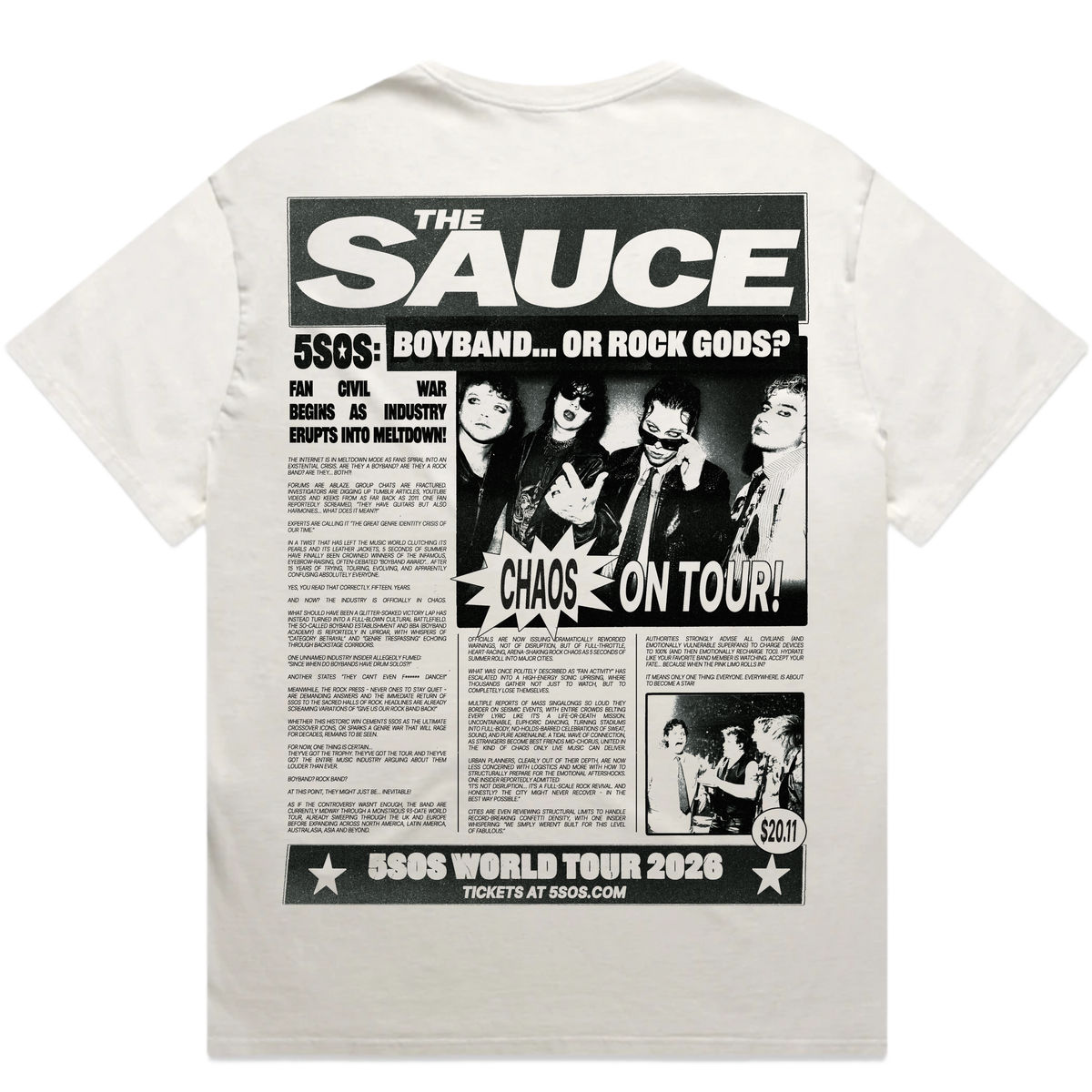A white short-sleeve t-shirt shown from the back, featuring a large black-and-white graphic print of 'The Sauce' 55$ band tour poster.
