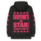 Black hoodie with pink stars and Everyone's a star world tour '26 printed on the back.