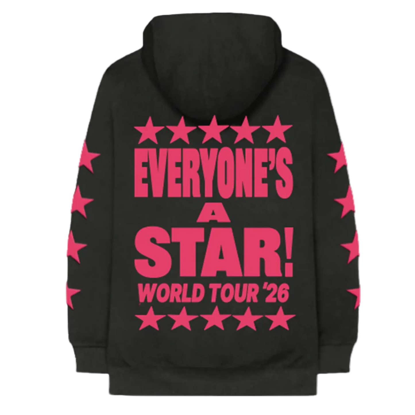 Black hoodie with pink stars and Everyone's a star world tour '26 printed on the back.