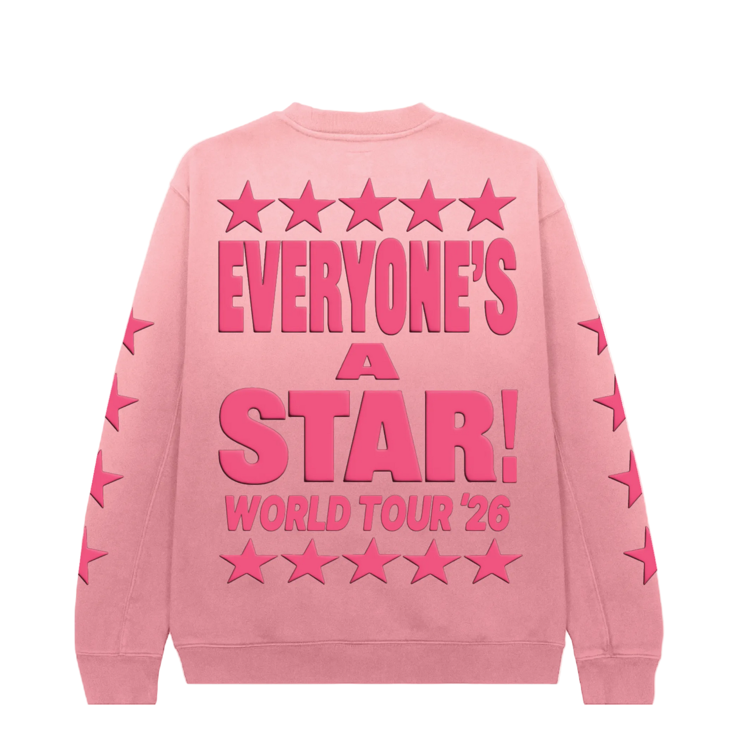 Pink sweatshirt with 'Everyone's a Star! World Tour '26' text and star designs on a white background