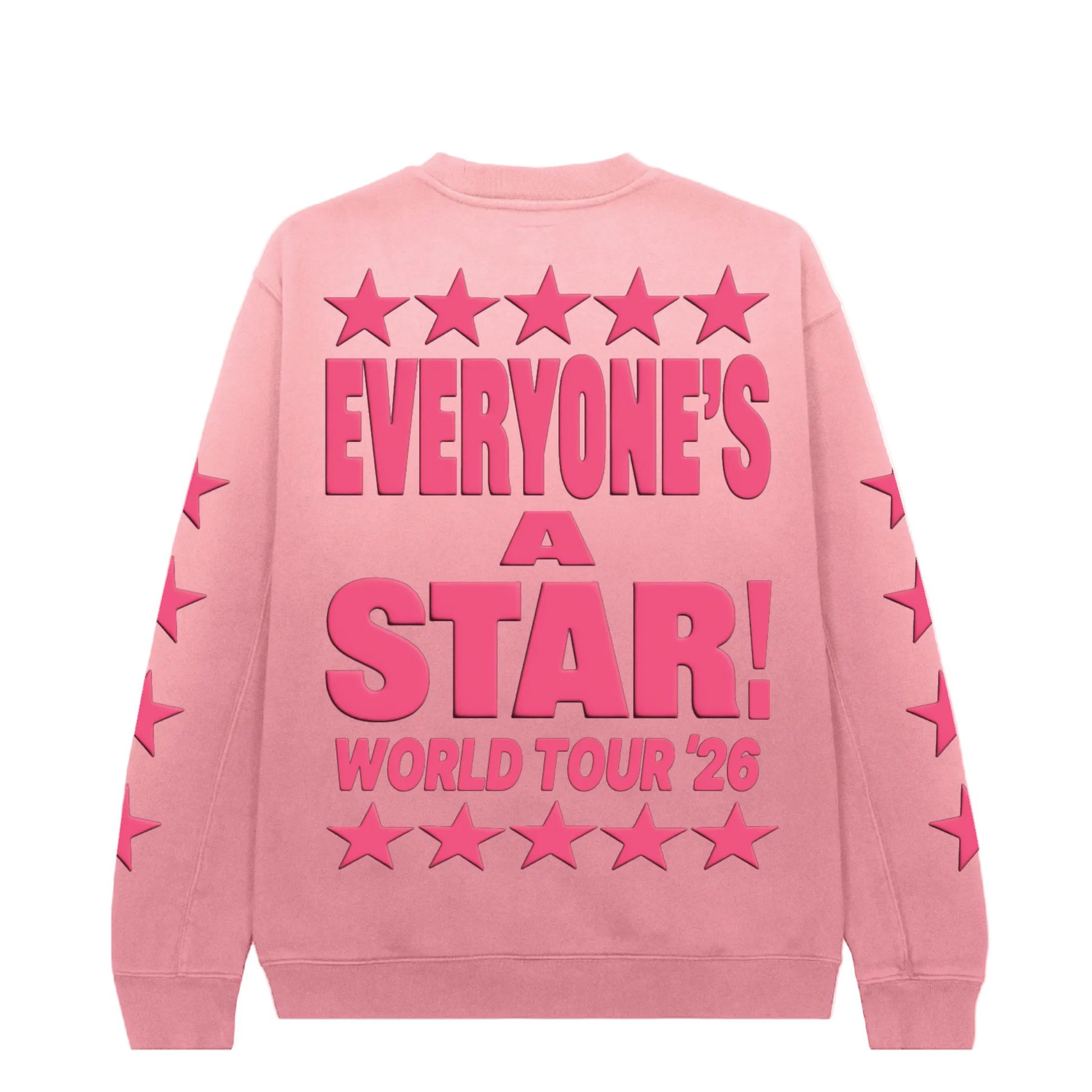 Pink sweatshirt with 'Everyone's a Star! World Tour '26' text and star designs on a white background