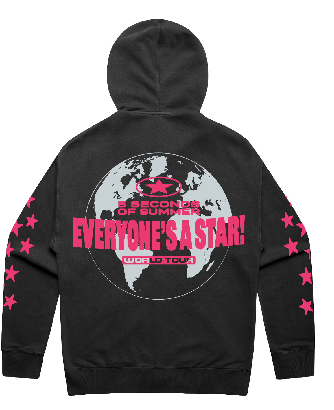 Black hoodie shown from the back with a large pink and gray globe graphic and the text 'EVERYONE'S A STAR! SECOND OF SUMMER' and 'WORLD TOUR' printed on it, plus pink stars down both sleeves.