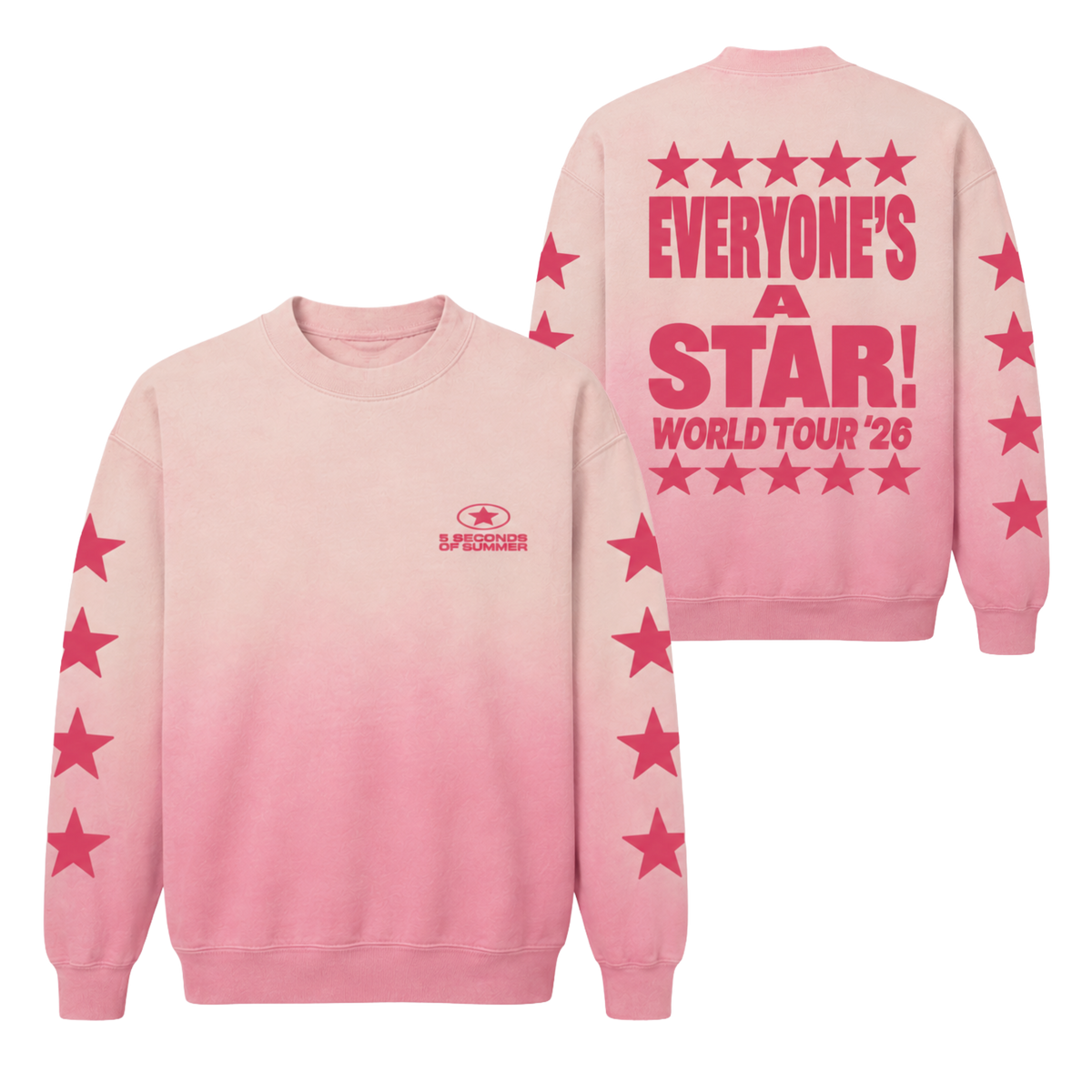A pink crewneck sweatshirt with a vertical gradient fading from light pink at the top to a deeper pink at the bottom. The back of the sweatshirt features a large pink graphic reading 'EVERYONE'S A STAR! WORLD TOUR '26' surrounded by stars, and the sleeves have pink stars printed down the sides.