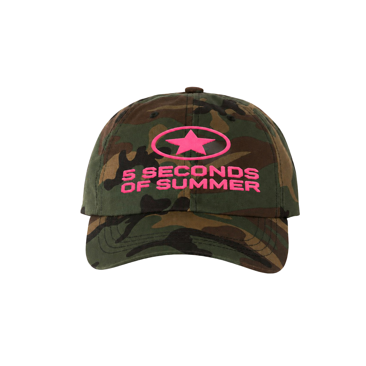 Camouflage cap with pink '5 Seconds of Summer' logo on a white background