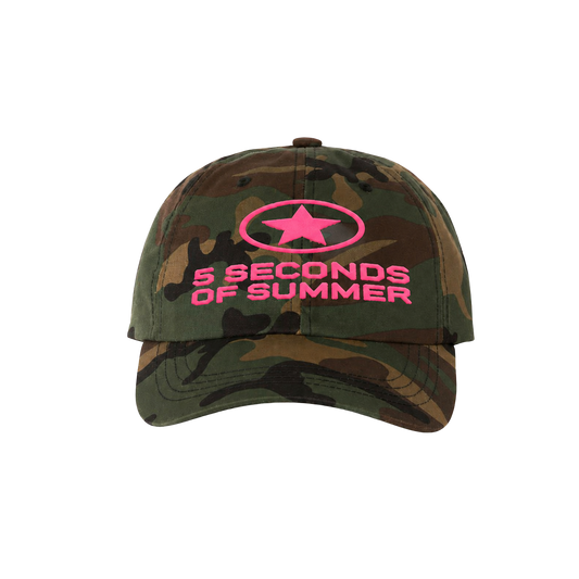 Camouflage cap with pink '5 Seconds of Summer' logo on a white background