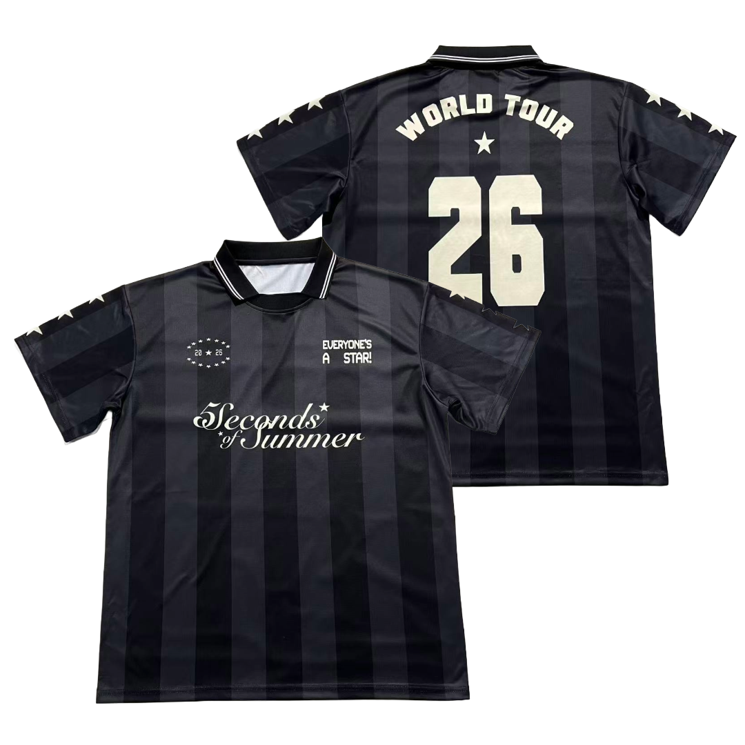 Black and dark gray vertically striped soccer jerseys showing both front and back views. The front features 'Seconds of Summer' in white script, a circular crest, and 'EXCELLENCE A STAR' on the chest.