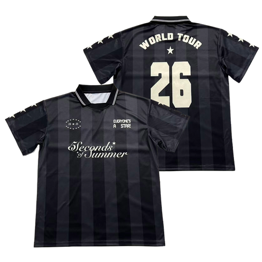 Black and dark gray vertically striped soccer jerseys showing both front and back views. The front features 'Seconds of Summer' in white script, a circular crest, and 'EXCELLENCE A STAR' on the chest.