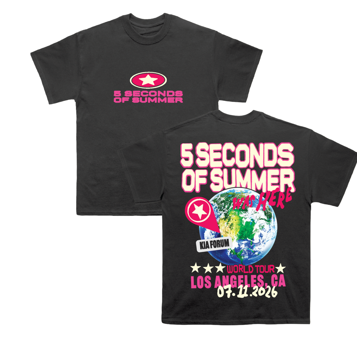 Black short-sleeve graphic T-shirt shown from both front and back on a plain white background. The front has a pink and white '5 SECONDS OF SUMMER' logo.
