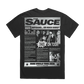 A black short-sleeve t-shirt with a large black-and-white graphic print on the back. The graphic is styled like a newspaper or magazine cover featuring the text 'THE SAUCE' and '55QS: BOYBAND.