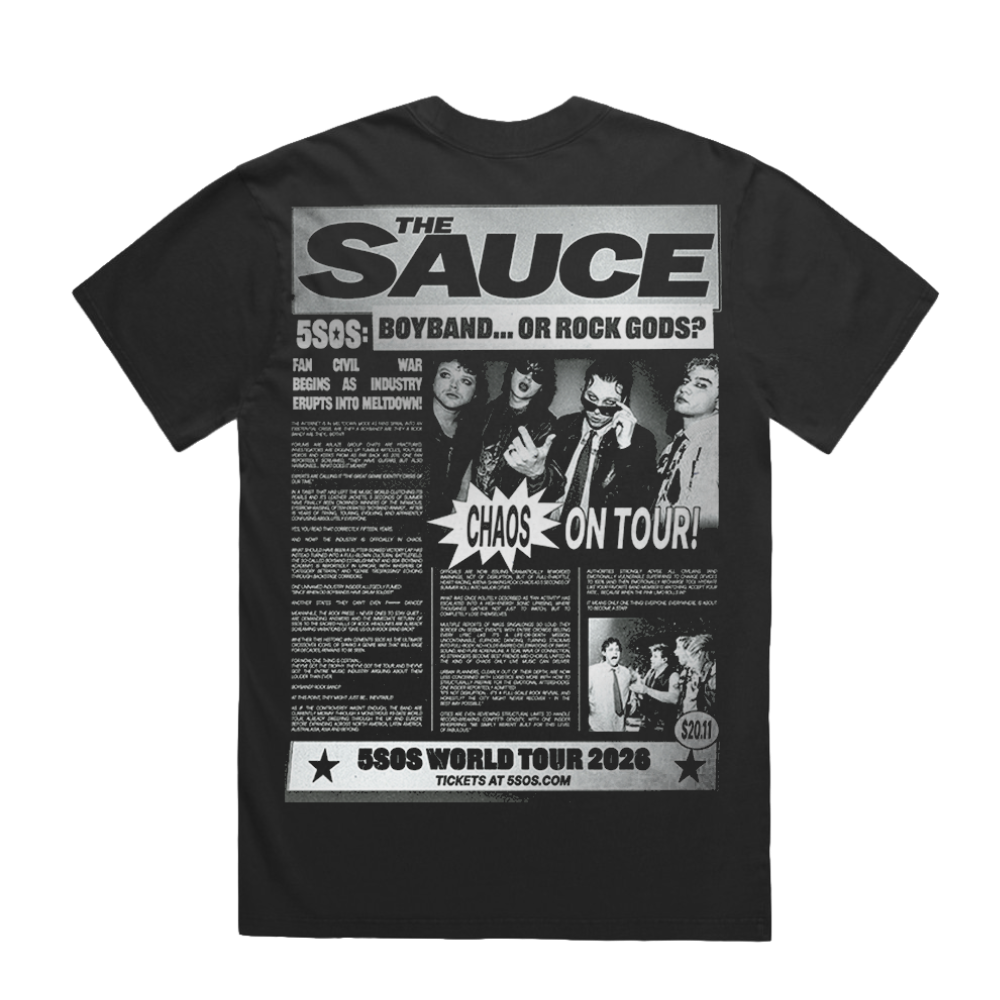 A black short-sleeve t-shirt with a large black-and-white graphic print on the back. The graphic is styled like a newspaper or magazine cover featuring the text 'THE SAUCE' and '55QS: BOYBAND.