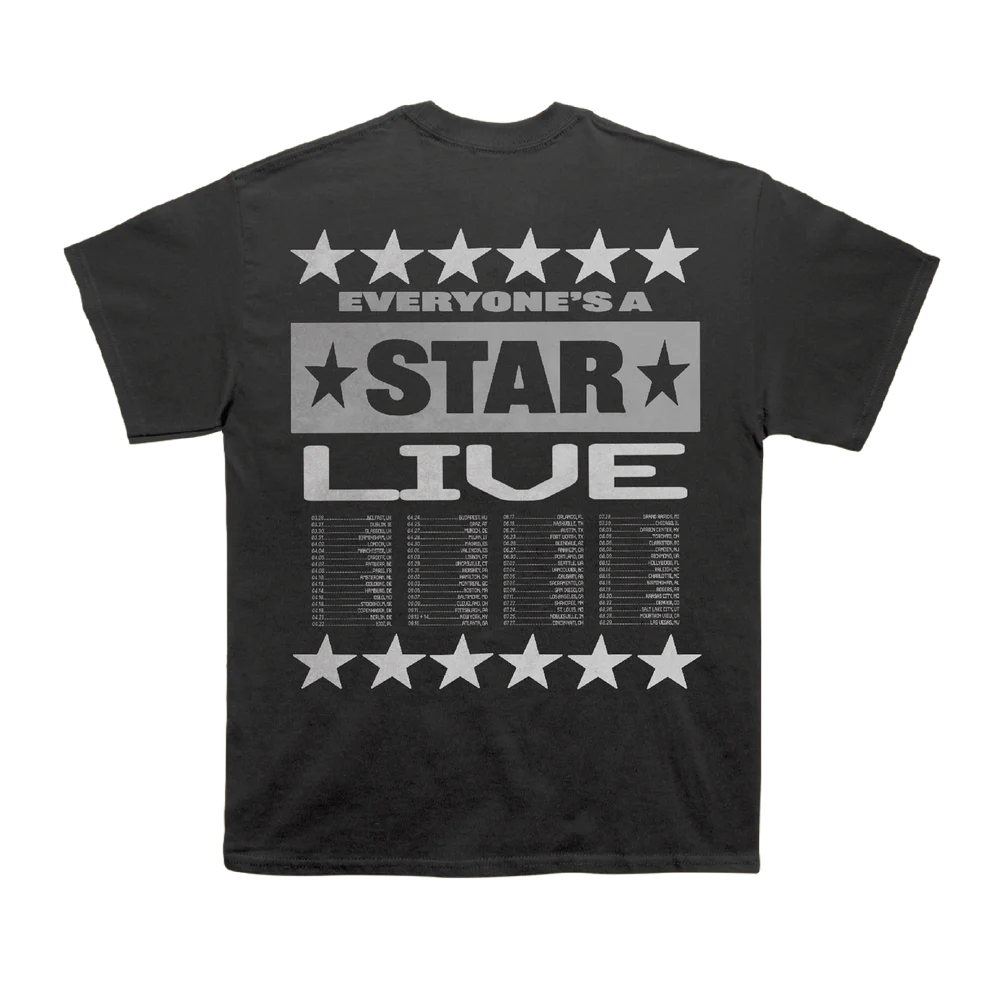 Black t-shirt with 'Everyone's a Star Live' text and star graphics on a white background