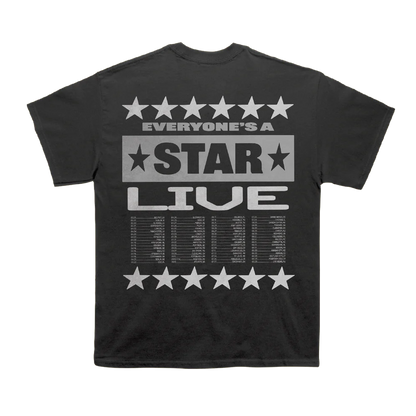 Black t-shirt with 'Everyone's a Star Live' text and star graphics on a white background