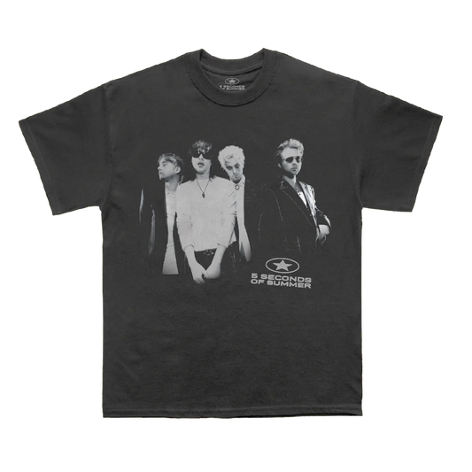 Black t-shirt with a graphic of four band members and '5 Seconds of Summer' logo on a white background