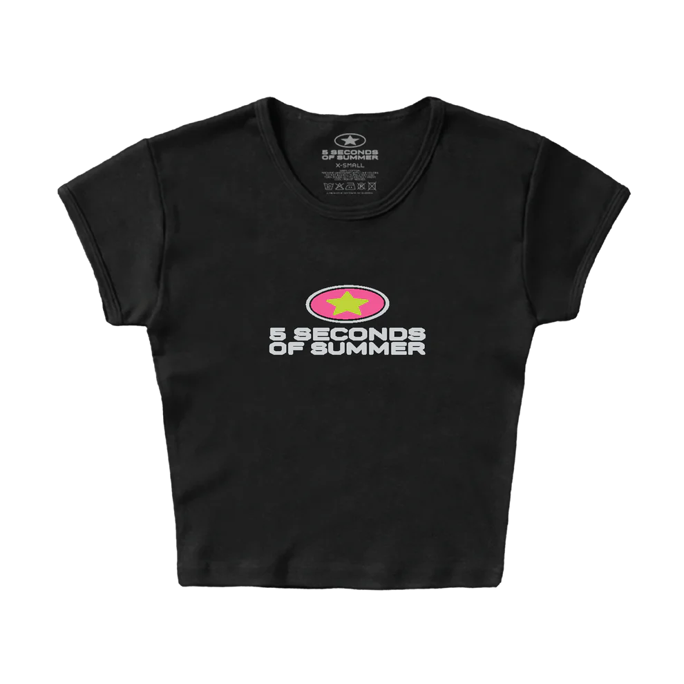 Black t-shirt with '5 Seconds of Summer' logo on a white background