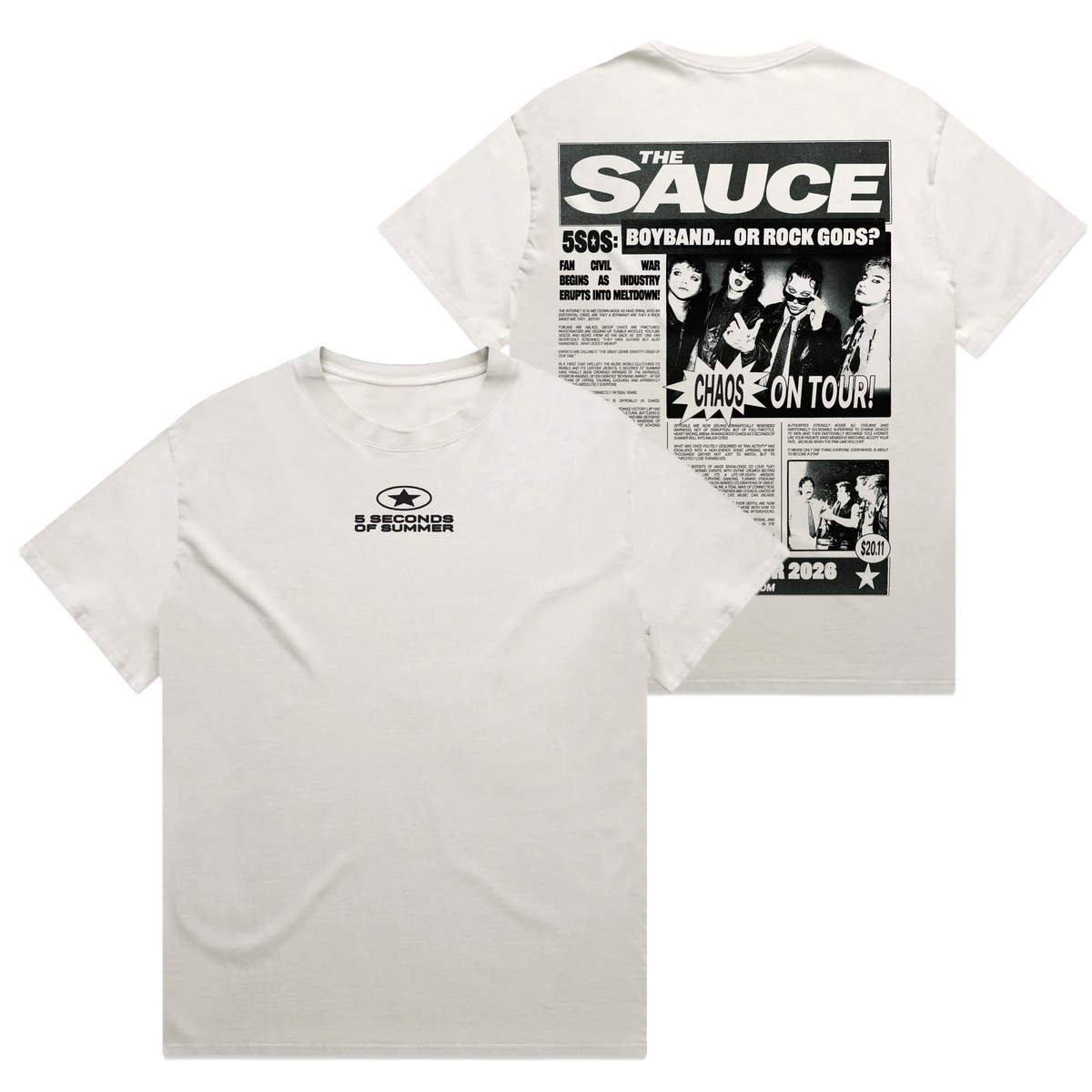 A white short-sleeve t-shirt shown from both the front and back. The front features a small black graphic on the left chest with a star and the text 'J.